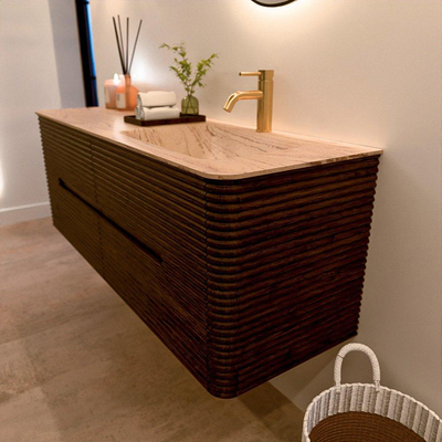 Mondiaz CIRO-DLUX Badkamermeubelset - 140x45x50cm - Solid surface wastafel Arena - 1 wasbak Rechts - 1 kraangat - 4 lades - Walnut