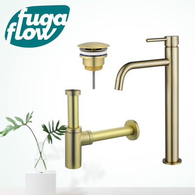 FugaFlow Eccelente Sobrado Badkamer Slim Wastafelkraanset - verhoogde wastafelkraan - always open plug - design sifon - PVD Geborsteld Messing