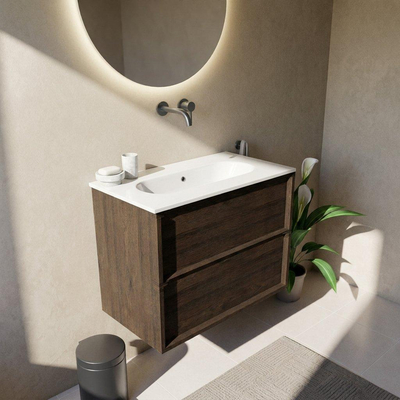 Saniclass Holz Frame Ensemble de meubles de salle de bains - 80x45x73.9cm - lavabo Chaci en céramique blanc - 1 vasque - sans trou de robinet - 2 tiroirs - chêne charcoal mat (bois)