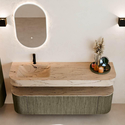 MONDIAZ THOR-DLUX 160cm meuble de salle de bains arrondi gauche + droite couleur Shadow avec 1 tiroir et 2 portes. Vasque suspendue CLOUD gauche 1 trou de robinet couleur Arena.