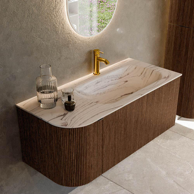 MONDIAZ KURVE-DLUX 105cm badmeubel ronding Links kleur Walnut met 1 lade en 1 deur. Wastafel BIG SMALL Rechts 1 kraangat Nata.