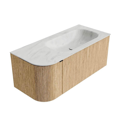 MONDIAZ KURVE-DLUX 105cm meuble de salle de bains avec module 25 L couleur chêne avec 1 tiroir et 1 porte. Lavabo BIG SMALL à droite 1 trou de robinetterie couleur Opalo.