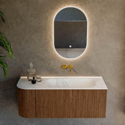 MONDIAZ KURVE 115cm Meuble salle de bain avec module 25 G - couleur Walnut - 1 tiroir - 1 porte - vasque BIG SMALL droite - sans trous de robinet - Talc