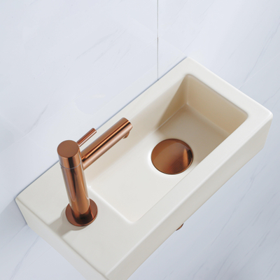 QeramiQ Lave-mains Kit lave-mains - 37.5x18.5x9cm - céramique - trou de robinet gauche - robinet lave-mains en cuivre brossé - bonde de vidage - siphon abaissé - Mat Beige