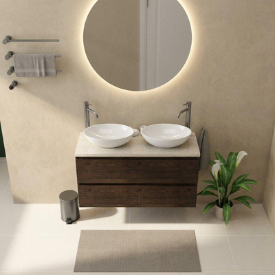 Saniclass Holz Pure Ensemble de meubles de salle de bains - 120x45x63cm - Plan de travail en pierre naturelle travertin - 2 trous de robinetterie - 4 tiroirs - chêne charcoal mat (bois)