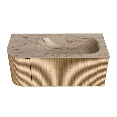 MONDIAZ KURVE-DLUX 105cm badmeubel ronding Links kleur Oak met 1 lade en 1 deur. Wastafel BIG SMALL Rechts zonder kraangat Arena.