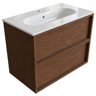Saniclass Holz Frame Ensemble meuble de salle de bains - 80x45x73.9cm - Vasque en céramique Chaci blanche - 1 vasque - 1 trou de robinetterie - 2 tiroirs - noyer pure mat (bois)