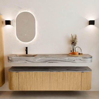 MONDIAZ THOR-DLUX 180cm badmeubel ronding links + rechts kleur Oak met 2 lades en 2 deuren. Vrijhangende wastafel CLOUD Links 1 kraangat kleur Sombra.