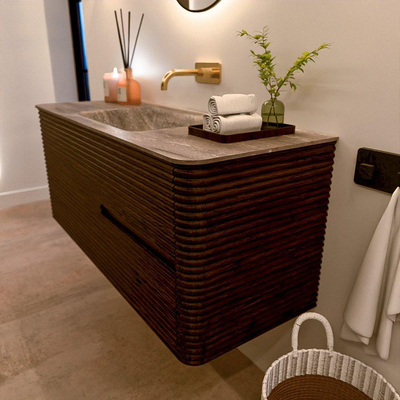 Mondiaz CIRO-DLUX Meuble de salle de bains - 120x45x50cm - vasque en solid surface Oza - 1 lavabo au milieu - sans trous de robinet - 2 tiroirs - Noyer