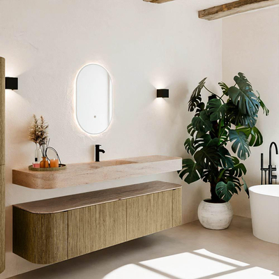 MONDIAZ THOR-DLUX 180cm meuble de salle de bains arrondi gauche + droite couleur Dusk avec 2 tiroirs et 2 portes. Vasque suspendue CLOUD Milieu 1 trou de robinet couleur Saba.