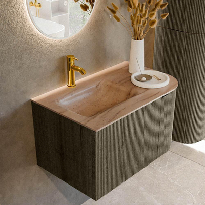 MONDIAZ KURVE-DLUX meuble de salle de bains 75cm courbure droite couleur Shadow avec 1 tiroir et 1 porte. Lavabo GRUNNE gauche 1 trou de robinet Saba.