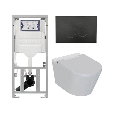 QeramiQ Luma Ensemble WC-douche - réservoir encastré Geberit UP320 - avec cadre Burda - sèche-cheveux - douchette féminine - plaque de commande en plastique noir mat - boutons ronds - blanc brillant