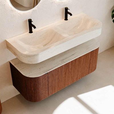 MONDIAZ THOR-DLUX Meuble de salle de bains 120cm arrondi gauche + droite couleur Ruby avec 1 tiroir et 2 portes. Vasque suspendue CLOUD Double 2 trous de robinet couleur Meli.