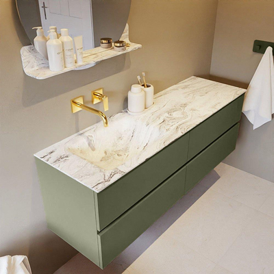 MONDIAZ VICA-DLUX Ensemble meuble de salle de bains - 150cm - meuble bas army - 4 tiroirs - lavabo encastré cloud à gauche - sans trous de robinetterie - version haute 60cm - glace