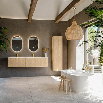 MONDIAZ KURVE-DLUX meuble de salle de bains 175cm avec module 25 R couleur chêne avec 2 tiroirs et 1 porte. Lavabo STOR SMALL double / gauche 2 trous de robinet couleur Ostra.