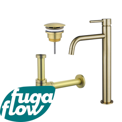 FugaFlow Eccelente Sobrado Badkamer Slim Wastafelkraanset - verhoogde wastafelkraan - always open plug - design sifon - PVD Geborsteld Messing