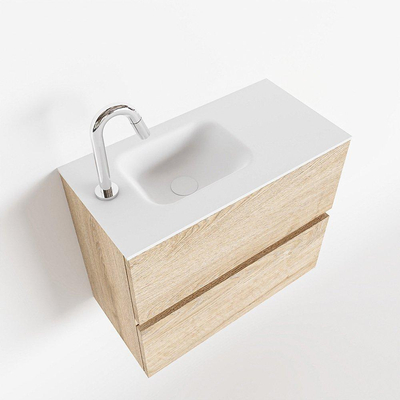 MONDIAZ ADA Meuble WC - 60x30x50cm - 1 trou de robinet - 2 tiroirs - chêne blanchi mat - vasque à gauche - Solid surface - Blanc