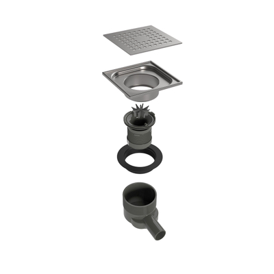 Easy Drain Aqua Plus Quattro siphon de sol avec partie de finition en inox avec grille en inox et sortie latérale 15x15cm profondeur d''encastrement 68 104mm garde d''eau 50 à 25mm
