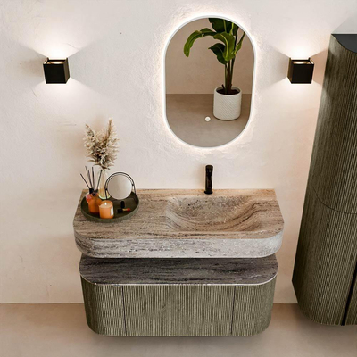 MONDIAZ THOR-DLUX Meuble de salle de bains 110cm arrondi gauche + droite couleur Shadow avec 1 tiroir et 2 portes. Vasque suspendue CLOUD Droite 1 trou de robinet couleur Oza.