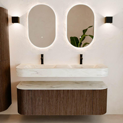 MONDIAZ THOR-DLUX 140cm meuble de salle de bains arrondi gauche + droite couleur Walnut avec 1 tiroir et 2 portes. Vasque suspendue CLOUD Double 2 trous de robinet couleur Ostra.