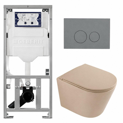 QeramiQ Dely Toiletset - 36.3x51.7cm - diepspoel - rimless - Geberit UP320 inbouwreservoir - softclose toilet zitting - bedieningsplaat licht grijs - ronde knoppen - mat beige (wit)