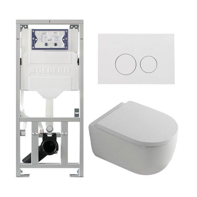 QeramiQ Dely Swirl Ensemble WC - 36.3x51.7cm - réservoir encastré Geberit UP320 - avec cadre Burda - abattant 35mm - plaque de déclenchement blanc brillant - boutons ronds - blanc mat