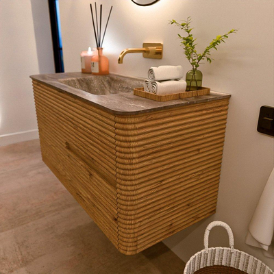 Mondiaz CIRO-DLUX Meuble de salle de bains - 100x45x50cm - Plan-vasque Solid surface Oza - 1 vasque au milieu - sans trous de robinet - 2 tiroirs - Chêne