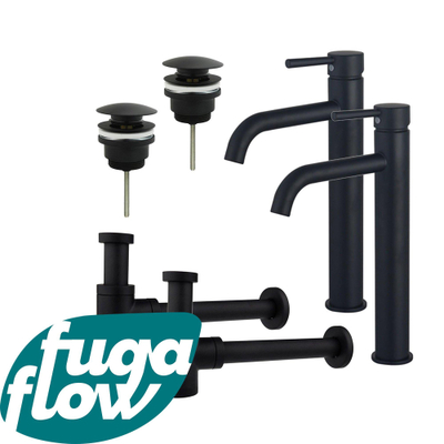 FugaFlow Eccelente Sobrado Badkamer Wastafelkraanset - voor dubbele wastafel - verhoogde wastafelkraan - klikwaste plug - verlaagde design sifon - Mat zwart