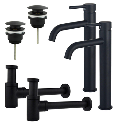 FortiFura Calvi Kit robinet lavabo - pour double vasque - robinet rehaussé - bonde clic clac - siphon design bas - Noir mat
