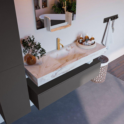 Mondiaz ALAN-DLUX Ensemble de meuble - 130cm - meuble Dark grey mat - 1 tiroir - Lavabo Cloud Frappe suspendu - vasque Centre - 1 trou de robinet