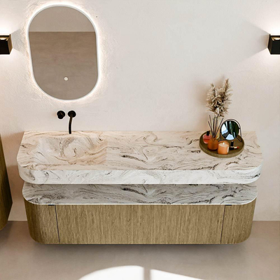 MONDIAZ THOR-DLUX 170cm meuble de salle de bains arrondi gauche + droite couleur Dusk avec 1 tiroir et 2 portes. Vasque suspendue CLOUD Gauche sans trou de robinet couleur Glace.