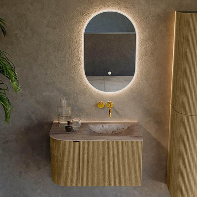 MONDIAZ KURVE-DLUX meuble de salle de bains 75cm arrondi gauche couleur Dusk avec 1 tiroir et 1 porte. Lavabo GRUNNE droit sans trou de robinet Oza.