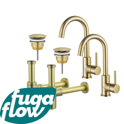 FugaFlow Eccelente Sobrado Badkamer Wastafelkraanset - voor dubbele wastafel - hoge wastafelkraan - draaibare uitloop - always open plug - design sifon - PVD Geborsteld Messing