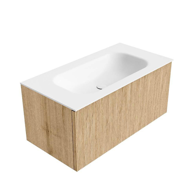 MONDIAZ KURVE Meuble de salle de bains 90 cm couleur Oak avec 1 tiroir. Lavabo BIG SMALL centré 1 trou de robinet Talc.