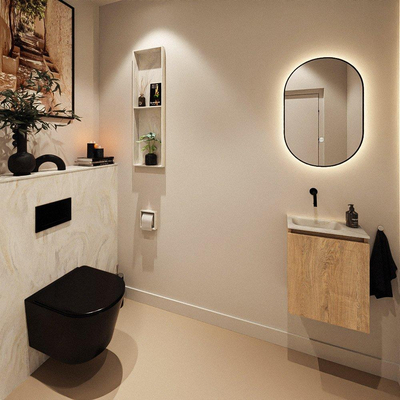 MONDIAZ TURE-DLUX Meuble toilette - 40cm - Washed Oak - EDEN - vasque Ostra - position gauche - sans trou de robinet