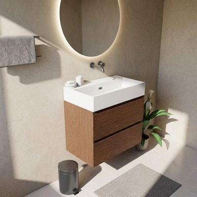Saniclass Holz Pure Ensemble meuble de salle de bains - 80x45x72cm - lavabo Legend en céramique blanc - 1 vasque - sans trou de robinet - 2 tiroirs - walnut pure mat (bois)