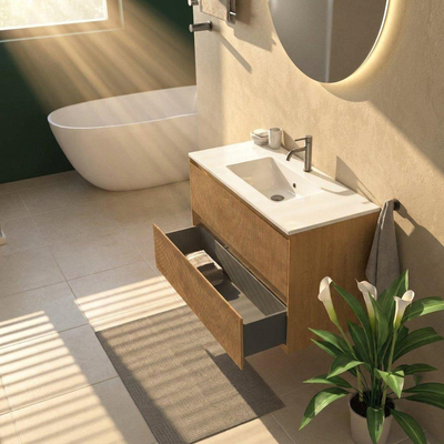 Saniclass Holz Atelier Ensemble de meubles de salle de bains - 100x45x62cm - Vygo lavabo en céramique blanc - 1 vasque - 1 trou de robinetterie - 2 tiroirs - chêne natural mat (bois)