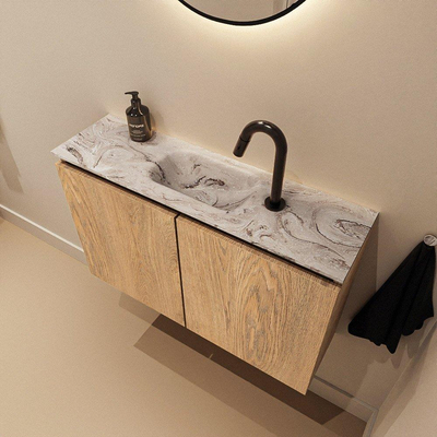 MONDIAZ TURE-DLUX Meuble toilette - 80cm - Washed Oak - EDEN - vasque Glace - position centrale - 1 trou de robinet