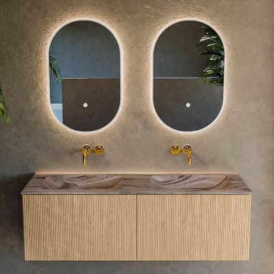 MONDIAZ KURVE-DLUX Meuble de salle de bains 130cm couleur chêne avec 2 tiroirs et 0 portes. Lavabo LEAF Double sans trou de robinet Sombra.