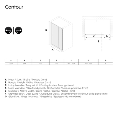 Sealskin Contour Porte pivotante pour encastrement 100x200cm verre de sécurité transparent 6mm avec revêtement anticalcaire Gris mat