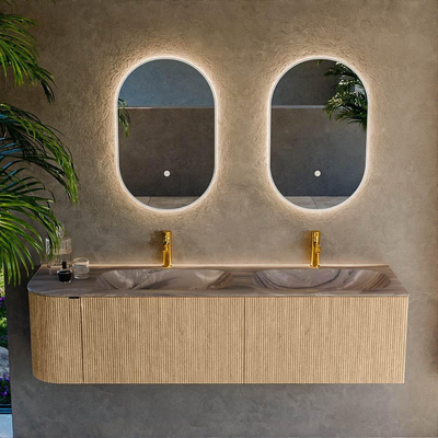 MONDIAZ KURVE-DLUX meuble de salle de bains 165cm arrondi à gauche couleur chêne avec 2 tiroirs et 1 porte. Lavabo STOR SMALL Double / Droite 2 trous de robinet Sombra.