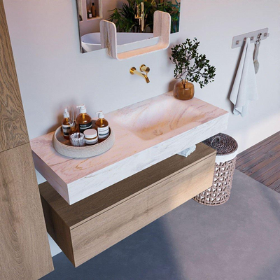 Mondiaz ALAN-DLUX Ensemble de meuble - 110cm - meuble Washed Oak mat - 1 tiroir - Lavabo Cloud Ostra suspendu - vasque Droite - 0 trous de robinet