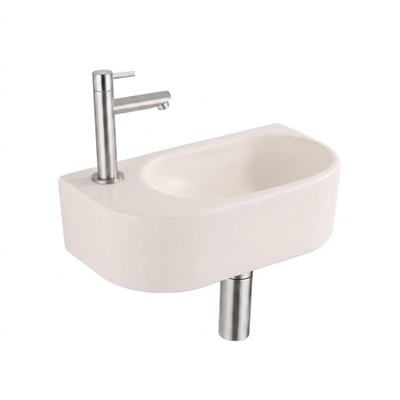 QeramiQ Fuente Fontein - 40x22x12cm - glad - halfrond - fonteinkraangat links - keramiek - fonteinkraan geborsteld RVS - verlaagd sifon - afvoerplug - linnen