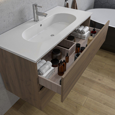 Adema Chaci Ensemble de meuble - 100x46x57cm - 1 vasque ovale en céramique blanche - 1 trou de robinet - 2 tiroirs - armoire de toilette - Noyer