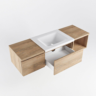 MONDIAZ BUKLA Meuble de salle de bains 140 cm avec module ouvert 40 à droite couleur Chêne blanchi avec 2 tiroirs. Lavabo CLOUD central 1 trou de robinet couleur Talc.