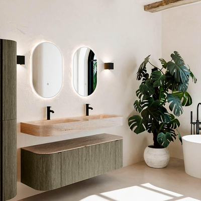 MONDIAZ THOR-DLUX 140cm meuble de salle de bains arrondi gauche + droite couleur Shadow avec 1 tiroir et 2 portes. Vasque suspendue CLOUD Double 2 trous de robinet couleur Saba.