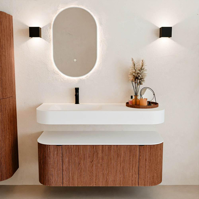 MONDIAZ THOR 120cm meuble de salle de bains arrondi gauche + droite couleur Ruby avec 1 tiroir et 2 portes. Vasque suspendue CLOUD Gauche 1 trou de robinet couleur Talc.