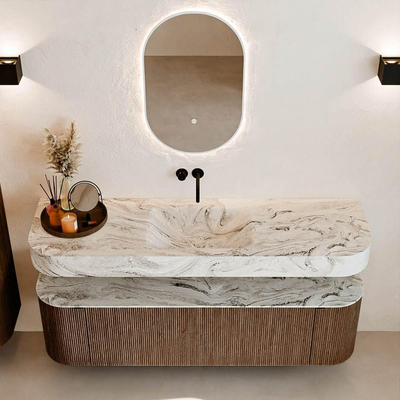 MONDIAZ THOR-DLUX Meuble de salle de bains 160cm arrondi gauche + droite couleur Walnut avec 1 tiroir et 2 portes. Vasque suspendue CLOUD Milieu sans trou de robinet couleur Glace.