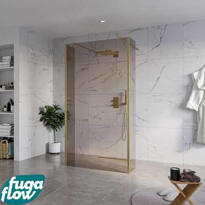 FugaFlow Eccelente Vetro Vrijstaande inloopdouche badkamer - 110x200cm - Rookglas - antikalk - 8mm veiligheidsglas - 2 zijwanden 30cm - met wandarmen en hoekprofielen - Messing geborsteld (goud) -
