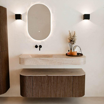 MONDIAZ THOR-DLUX 120cm meuble de salle de bains arrondi gauche + droite couleur Walnut avec 1 tiroir et 2 portes. Vasque suspendue CLOUD Gauche sans trou de robinet couleur Saba.